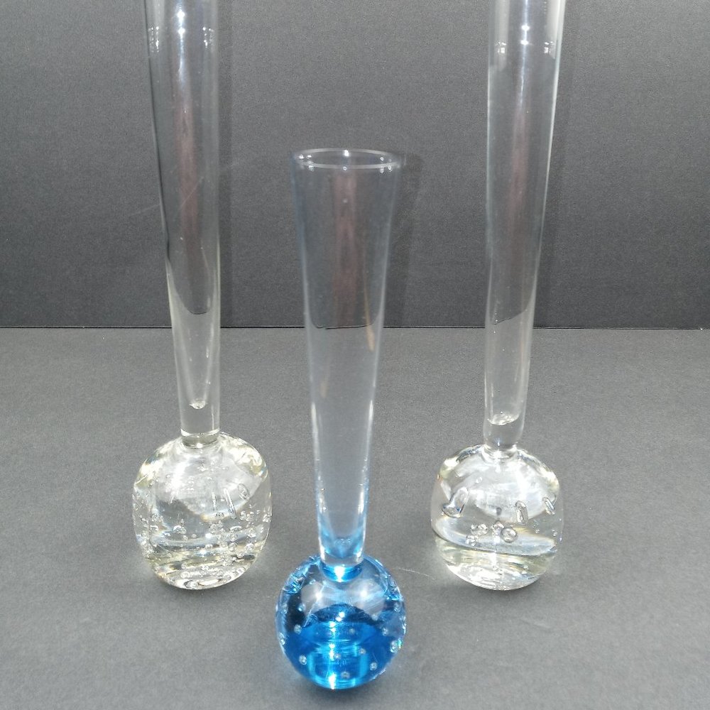 Hand-blown Glass Tall Funnel Shape Vases Clear Blue Bullicante Bubbles Set of 3